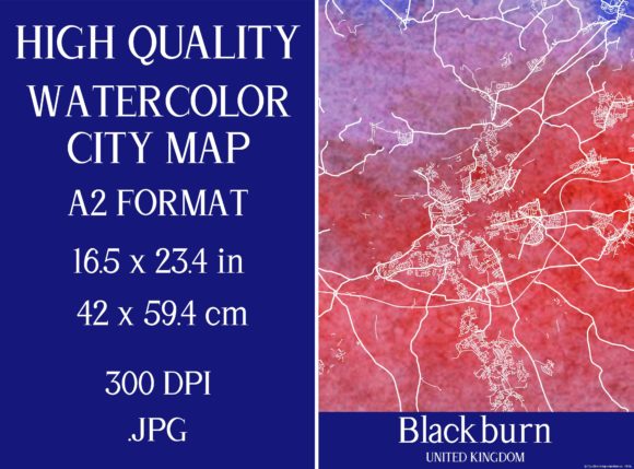 Blackburn UK Watercolor City Map Illustrations