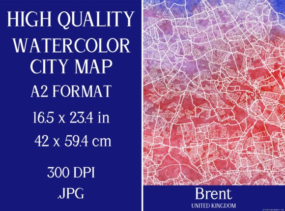 Brent UK Watercolor City Map Illustrations