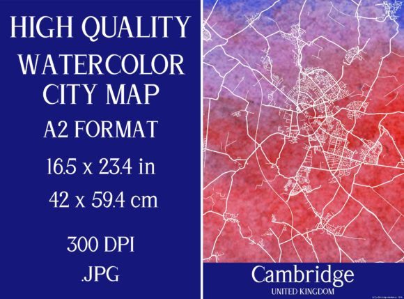 Cambridge UK Watercolor City Map and Illustrations