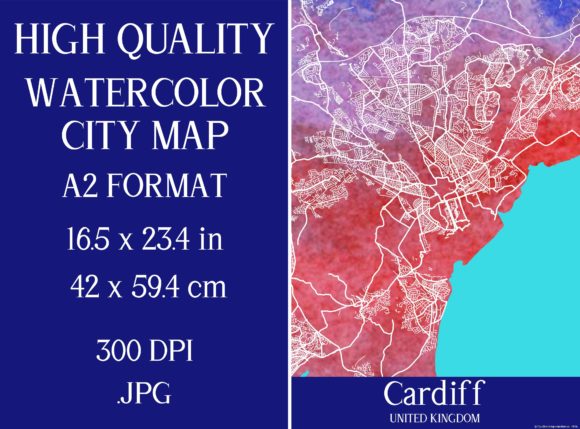 Cardiff UK Watercolor City Map and Illustrations