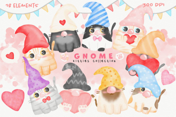 Cats Gnome Kitty Clipart Watercolor Illustrations