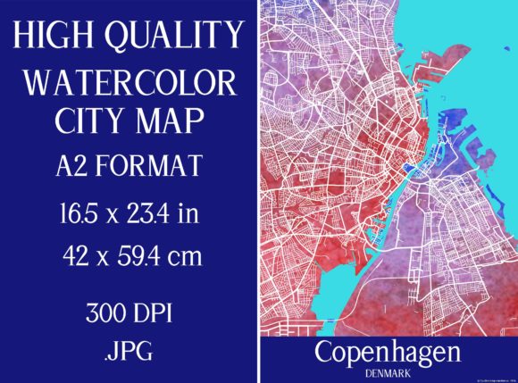 Copenhagen Denmark Watercolor City Map and Illustrations