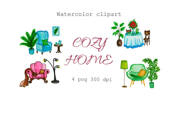 Cozy Home, Room Decor, Watercolor Clipart