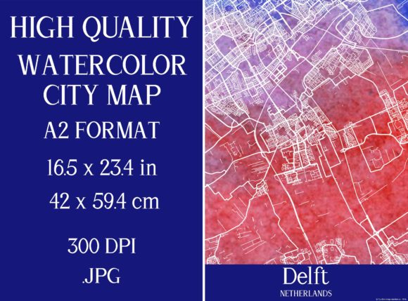 Delft Netherlands Watercolor City Map Illustrations