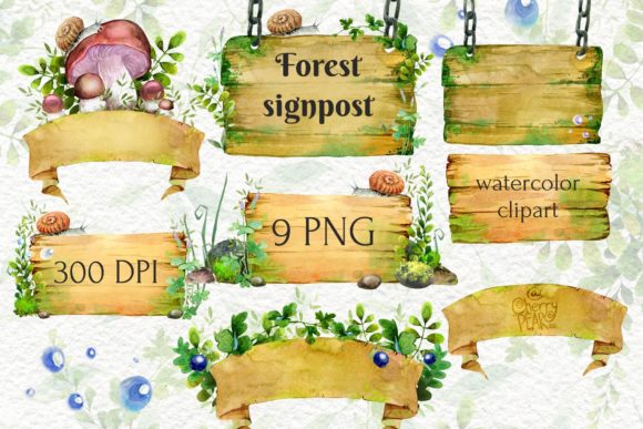 Forest Signpost, Watercolor Grass Wood Illustrations