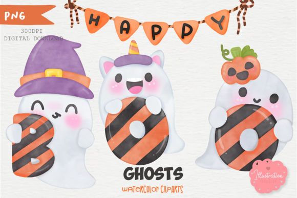 Ghost Watercolor Halloween Kawaii Doodle Illustrations