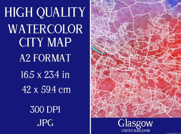 Glasgow UK Watercolor City Map Illustrations