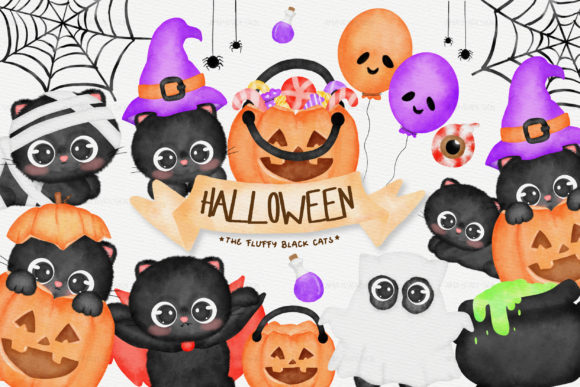 Halloween Watercolor Black Cats Clipart and Illustrations