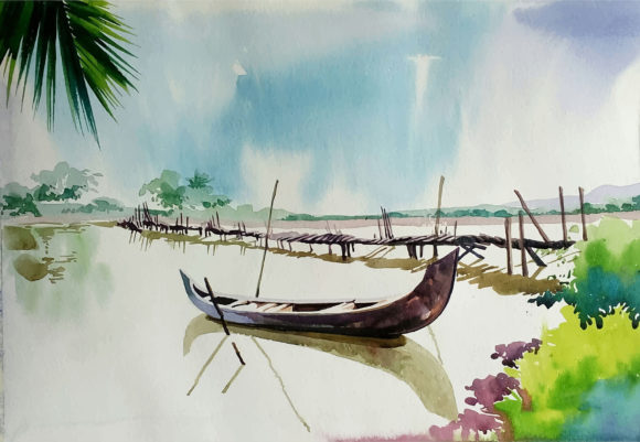Hand Drawn Watercolor Boat and Nature Illustrations