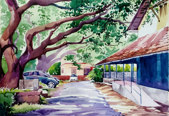 Hand Drawn Watercolor House in the Park