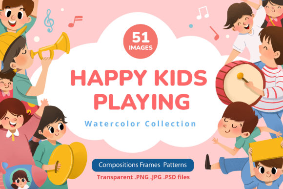 Happy Kids Playing Set: Watercolor Illustrations