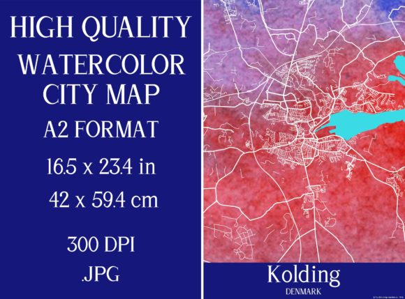 Kolding Denmark Watercolor City Map and Illustrations