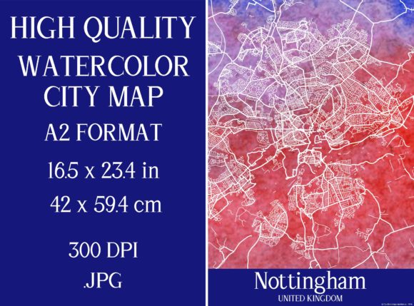 Nottingham UK Watercolor City Map Illustrations