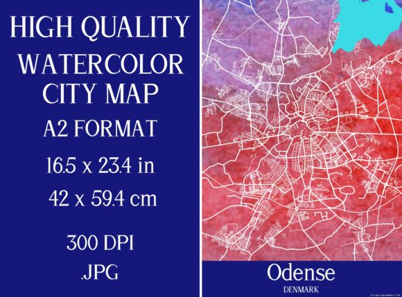 Odense Denmark Watercolor City Map and Illustrations