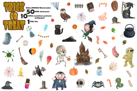 Set of Cute Halloween Watercolor Illustrations