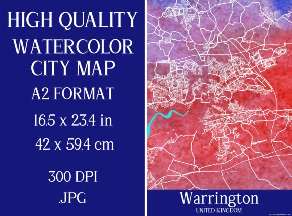 Warrington UK Watercolor City Map Illustrations