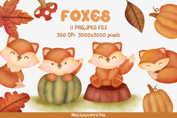 Watercolor Autumn Foxes Clipart and Illustrations