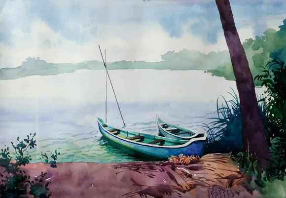 Watercolor Boat on the River Hand Drawn Illustrations