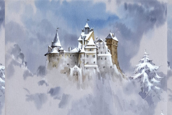 Watercolor Castle on Hill Illustrations for Branding