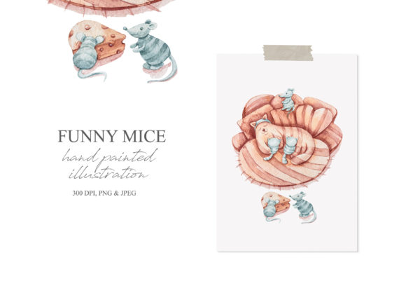 Watercolor Cute Cat and Mice Clipart for Illustrations