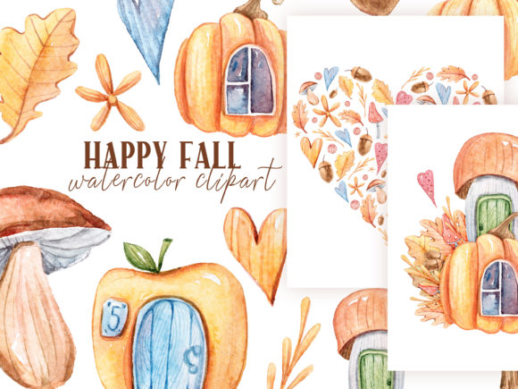Watercolor Fall Clipart – Mushroom, Pumpkin Illustrations