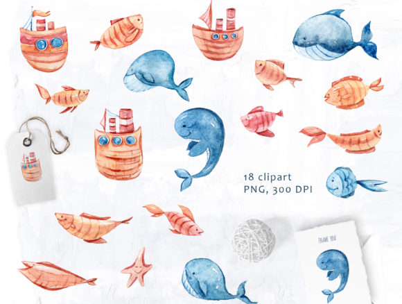 Watercolor Fish and Whales Clipart