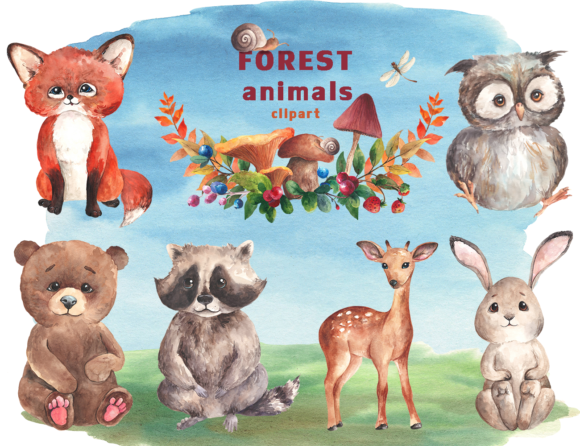 Watercolor Forest Baby Animals Clipart and Illustrations