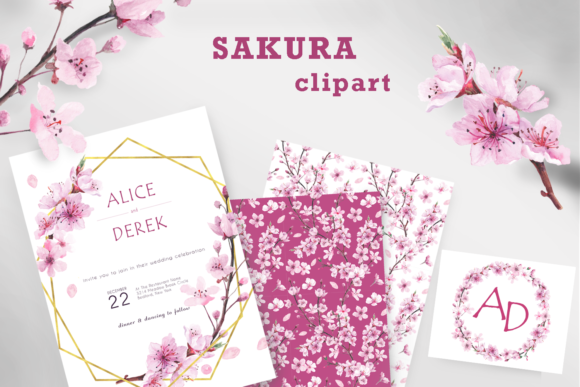Watercolor Gold Geometric Sakura Frames: Premium Illustrations