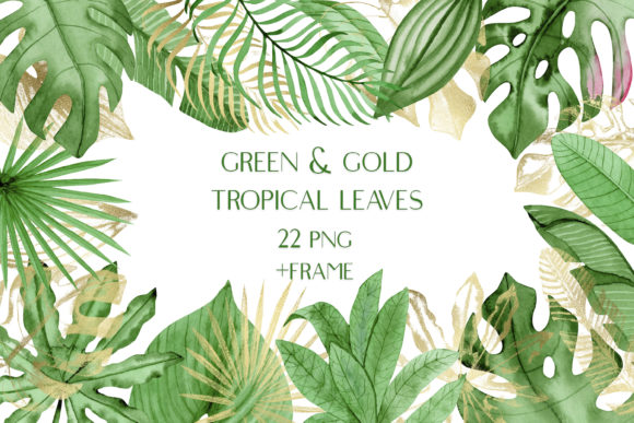 Watercolor Green Gold Tropical Leaves: Premium Illustrations
