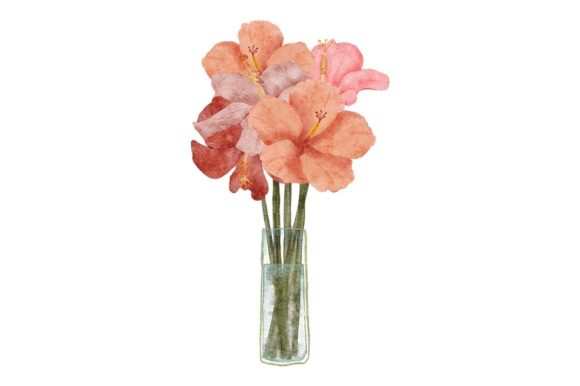 Watercolor Hibiscus Glass Vase Bouquet Illustrations