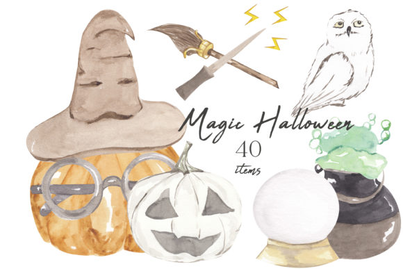 Watercolor Magic Halloween Clipart and Illustrations