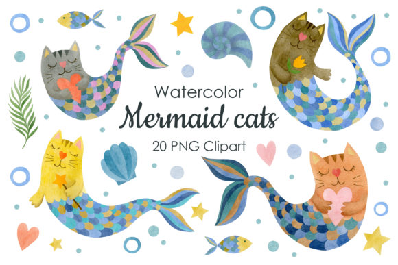 Watercolor Mermaids Cats Clipart and Illustrations