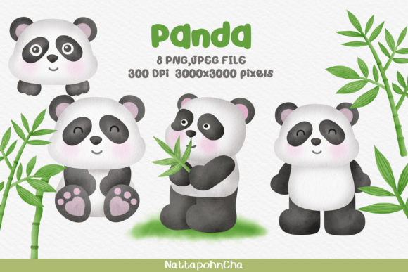 Watercolor Panda with Bamboo Clipart