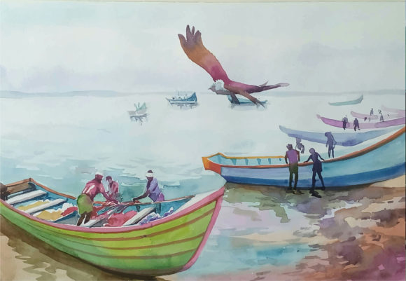 Watercolor Thai Boat on the Beach Illustrations