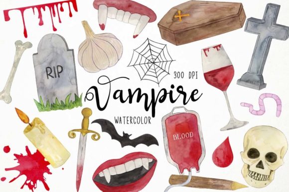 Watercolor Vampire Clipart, Gothic Illustrations