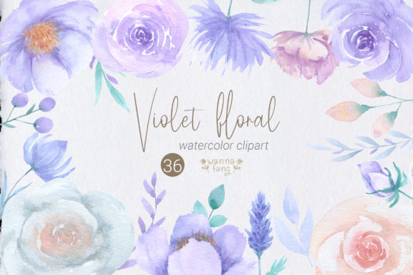 Watercolor Violet Floral Clip Art, PNG and Illustrations