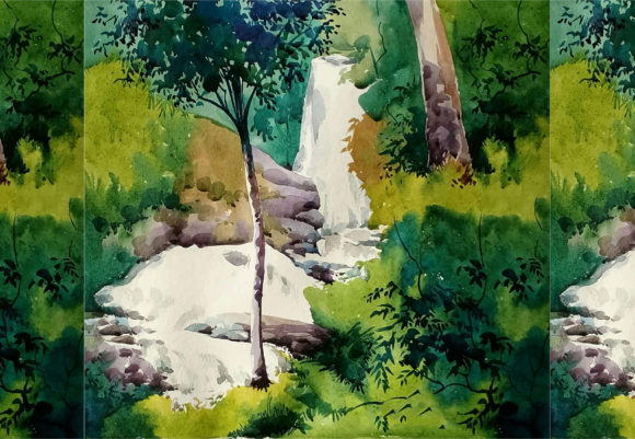 Watercolor Waterfall in the Mountains Illustrations
